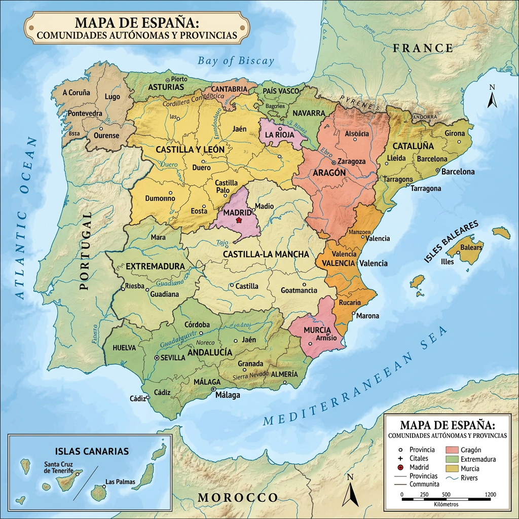 Map of Spain with autonomous communities, provinces, major cities, and surrounding countries and seas